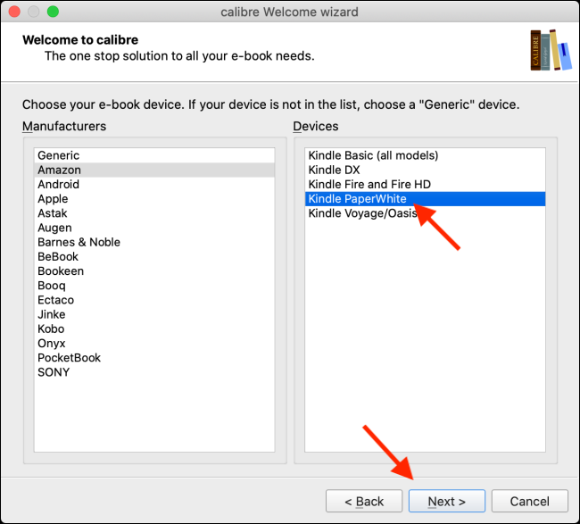 Seleccione su dispositivo Kindle y haga clic en Siguiente