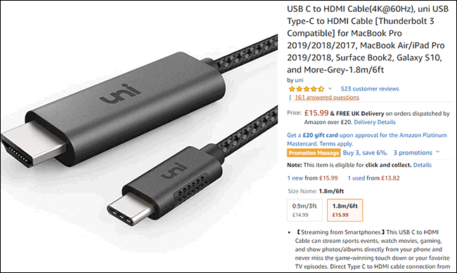 Una lista de cables USB-C a HDMI en Amazon.