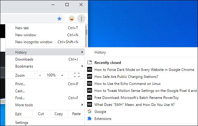 Vuelve a abrir una pestaña cerrada desde el menú Historial en Chrome.