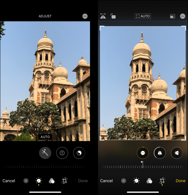 Comparación del editor de fotos iOS 13 antes y después del ajuste