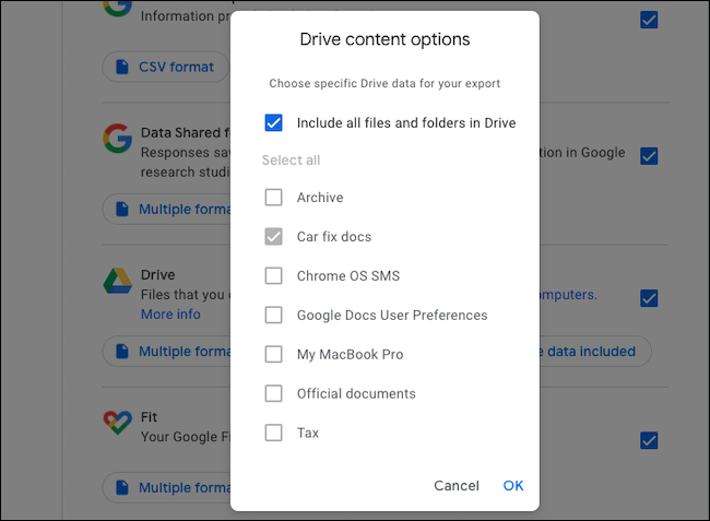 Seleccione las carpetas de Google Drive para exportar