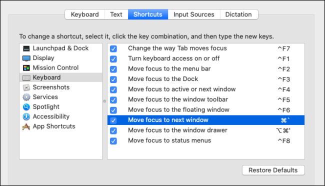 Configurar atajos de teclado para cambiar entre aplicaciones abiertas y ventanas en mac