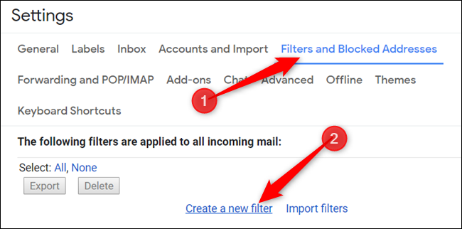 Haga clic en "Filtros y direcciones bloqueadas," luego haga clic en "Crea un nuevo filtro."