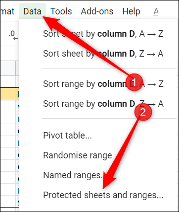 haga clic en Datos, luego en Proteger hojas y rangos