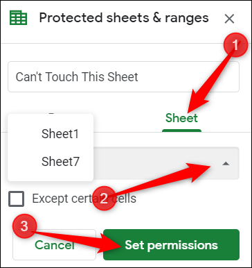 Haga clic en Hoja, luego elija una hoja del menú desplegable y, finalmente, haga clic en Establecer permisos