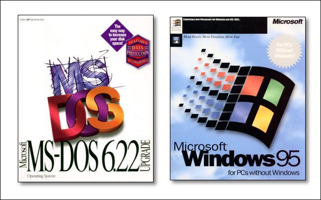El arte de la caja en Microsoft MS-DOS 6.22 y Windows 95.
