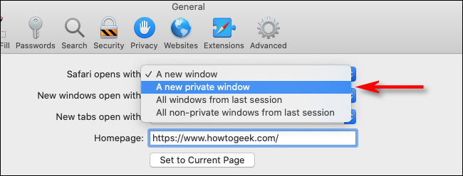 Seleccione una nueva ventana privada en el menú desplegable en Safari para Mac