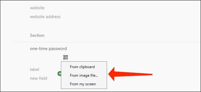 1Password para Windows le permite elegir dónde obtener el código QR, si configura la autenticación de dos factores