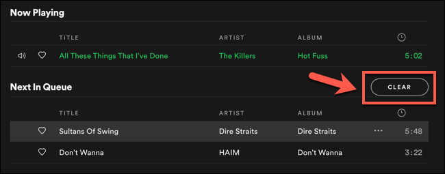 Para borrar su cola de reproducción de Spotify, presione el "Despejar" Dónde "Limpiar cola" botón encima de tu "Siguiente en la cola" listado.