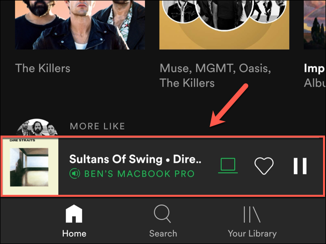 En la aplicación móvil Spotify, toque la barra de reproducción en la parte inferior de la aplicación para ver sus opciones de reproducción de música.