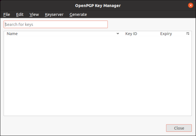 Cuadro de diálogo Administrador de claves de OpenPGP