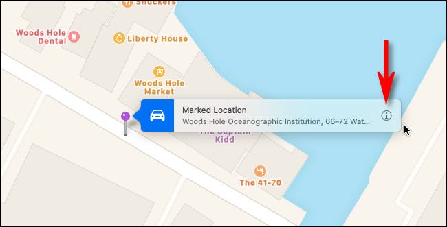Coloque un pin en Apple Maps en Mac y haga clic en el botón "Información" botón.