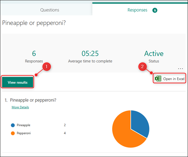 los "Ver los resultados" y "Abrir en Excel" opciones en la pestaña de respuestas.