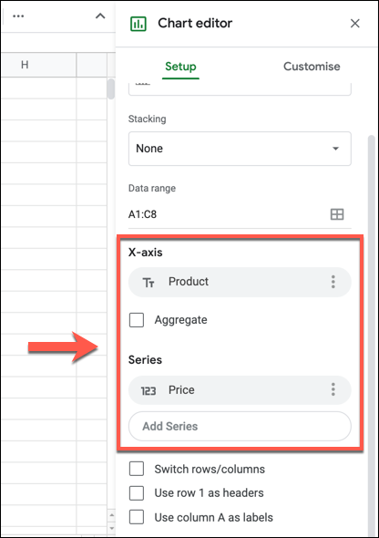 Los ejes utilizados para un gráfico de Google Sheets se enumerarán bajo el "Eje X" y "Serie" columnas en el "Instalar" pestaña de "Editor de gráficos" panel.