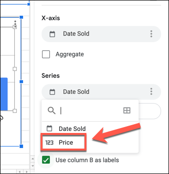 Para cambiar el eje Y en un gráfico de Hojas de cálculo de Google, seleccione la primera columna que aparece debajo de "Serie" categoría en el "Instalar" en el panel Editor de gráficos y seleccione una columna de reemplazo.