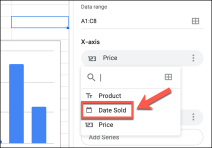 Haga clic en una etiqueta del eje X o Y en el panel del editor de gráficos de Hojas de cálculo de Google y luego seleccione una columna alternativa en el menú desplegable.