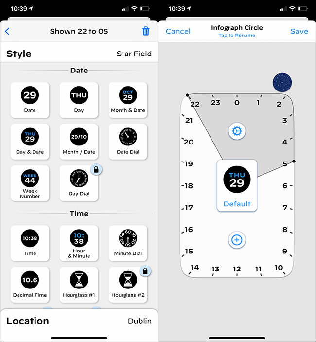 Los menús para crear complicaciones en la aplicación Watchsmith en un iPhone.