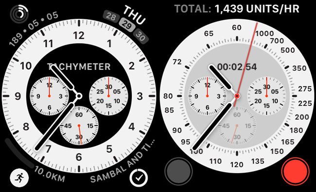 Una esfera de reloj Chronograph Pro con una complicación de taquímetro integrada.