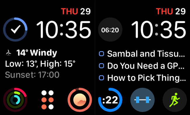 Dos esferas de reloj Infograph Modular, una de las cuales tiene información de seguimiento de entrenamiento.