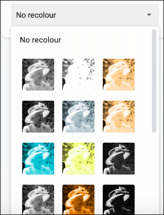 En el menú Opciones de formato de diapositivas de Google, haga clic en Cambiar color, luego seleccione uno de los filtros de imagen del menú desplegable para cambiar el color de su imagen