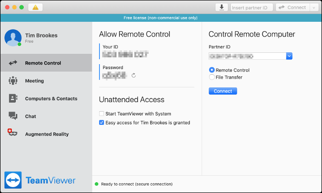 El TeamViewer "Control remoto" menú en una Mac. 