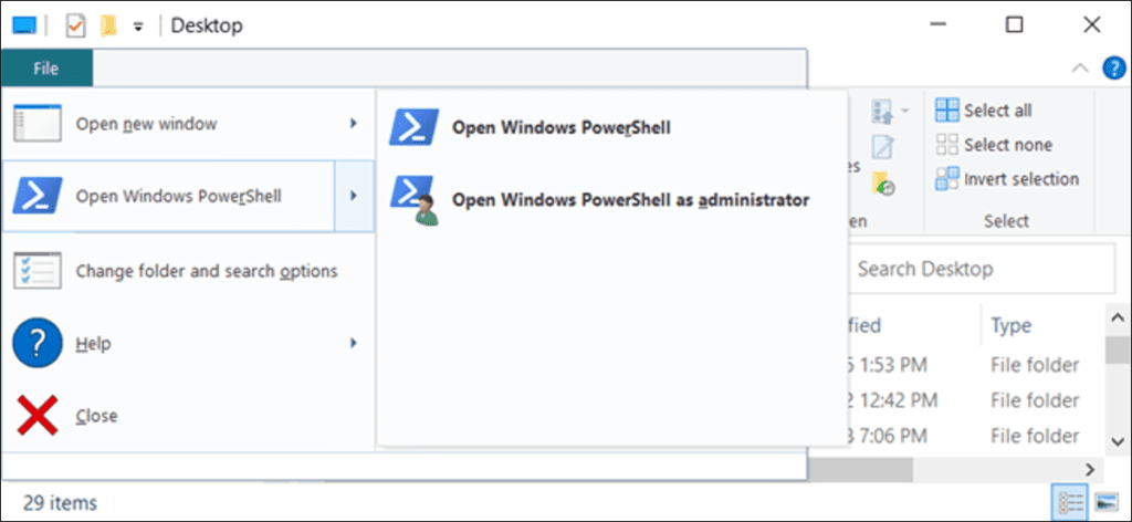 los "Abra Windows PowerShell" opción en el explorador de archivos.