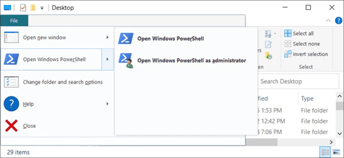 los "Abra Windows PowerShell" opción en el explorador de archivos.
