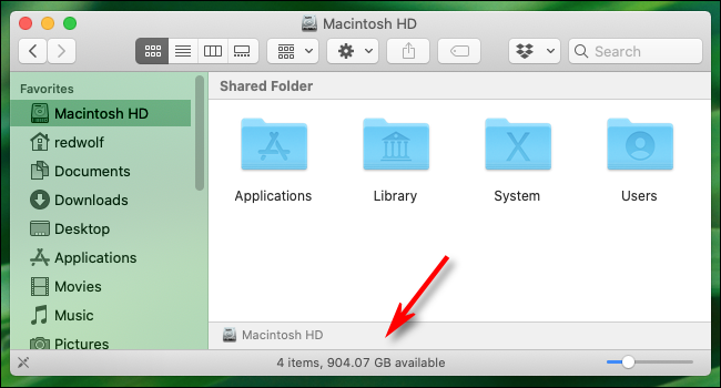 Espacio libre que se muestra en la parte inferior de una ventana del Finder en macOS Catalina