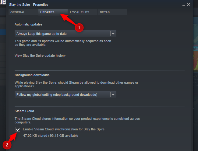 Haga clic en "Actualizaciones" pestaña y verifique la "Habilite la sincronización de Steam Cloud para" opción.