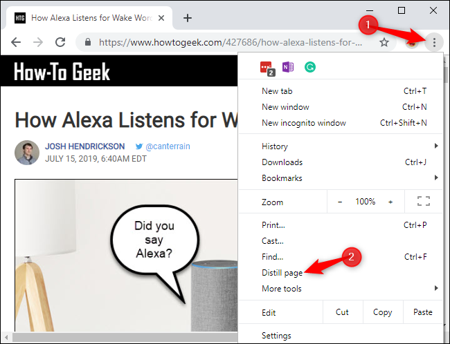Haga clic en el menú principal de Chrome, luego seleccione "Destila la página."