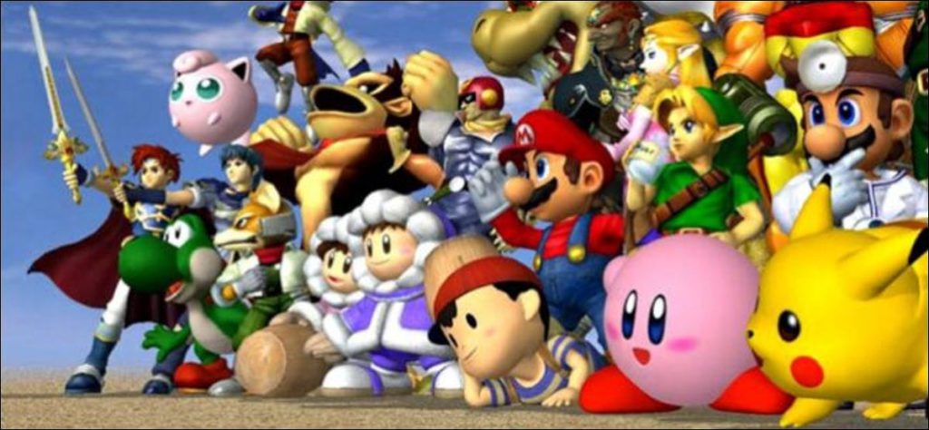 Un recorte de una versión oficial de la lista de Super Smash Bros.  Pelea confusa.