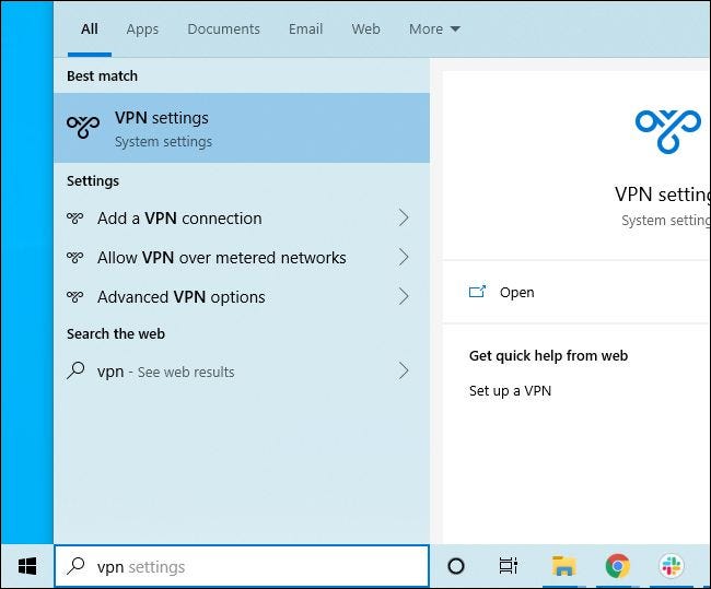 Busque en el menú Inicio de Windows 10 la configuración de VPN