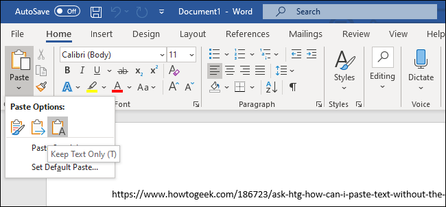 los "Conservar solo texto" opción para pegar texto en Microsoft Word.