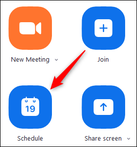 Botón Programar una reunión en la página de inicio de Zoom