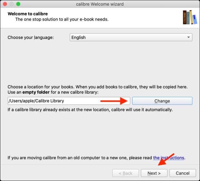 Cambie la carpeta de la biblioteca de Calibre y haga clic en Siguiente