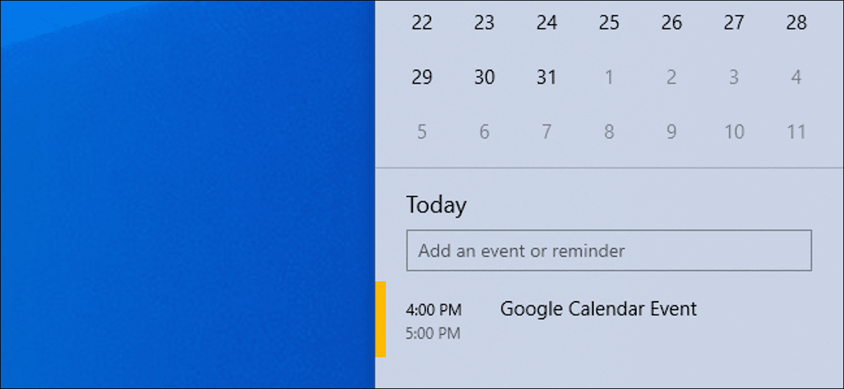 Un evento de Google Calendar en la ventana emergente del calendario de la barra de tareas de Windows 10.