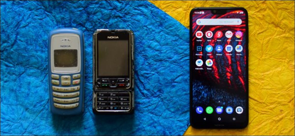 Teléfonos Nokia más antiguos y un teléfono inteligente Android Nokia.