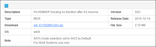 Un ejemplo de un registro de cambios de BIOS