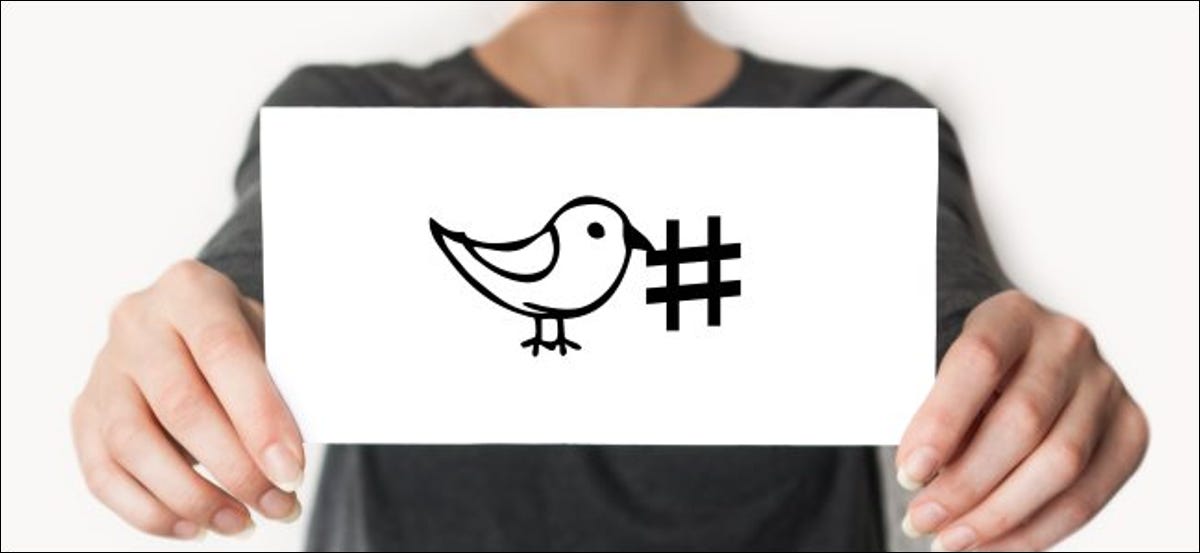 Alguien sostiene una tarjeta con el pájaro de Twitter dibujado junto a un hashtag.