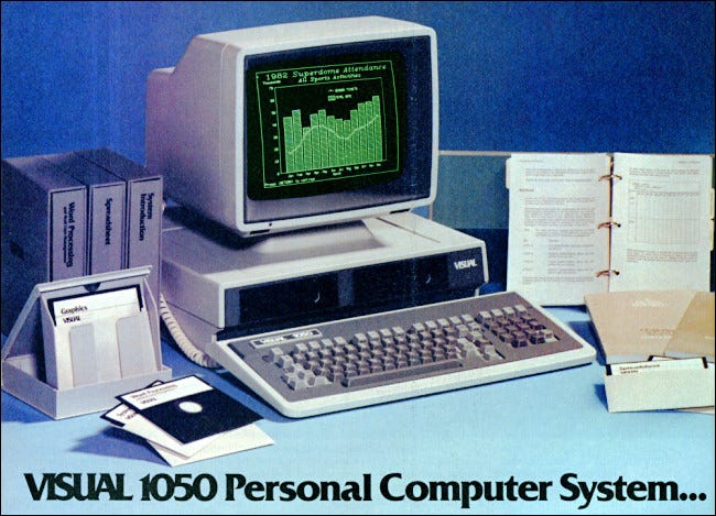 La computadora Visual 1050 de un anuncio de una revista de 1983.