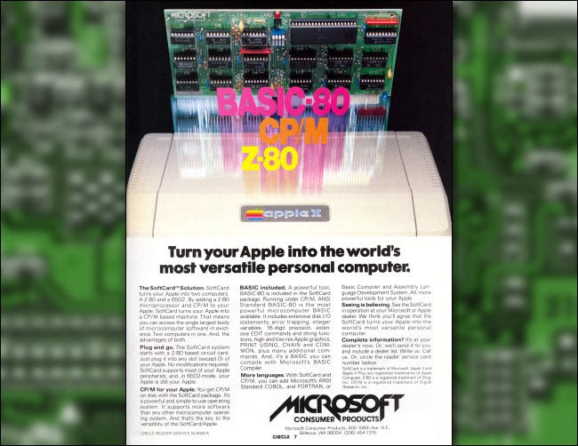 Un anuncio de 1980 para Microsoft Softcard que ejecutaba CP / M en un Apple II.