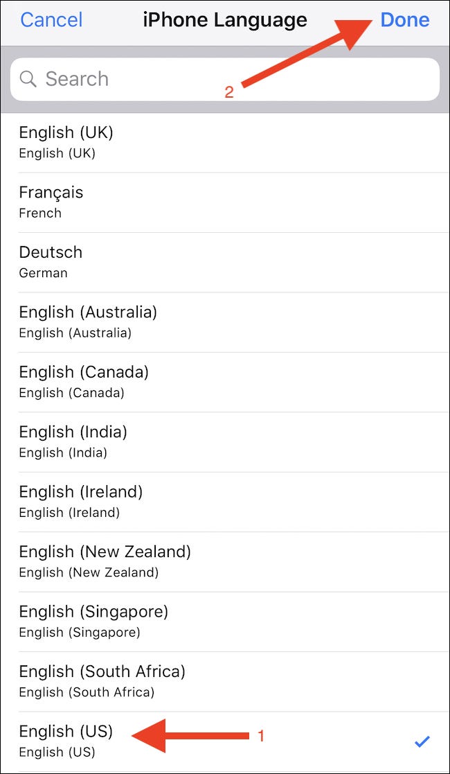 Selecciona un idioma.  Toca Listo