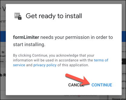 apurarse "seguir" para confirmar la instalación del complemento formLimiter en Google Forms.