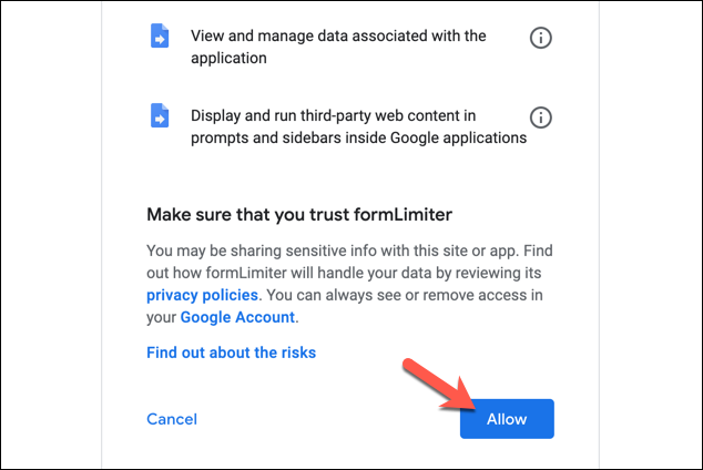 Haga clic en "Permitir" para otorgar permisos de formLimiter a su cuenta de Google.