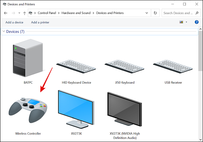 Controlador inalámbrico en el menú Dispositivos