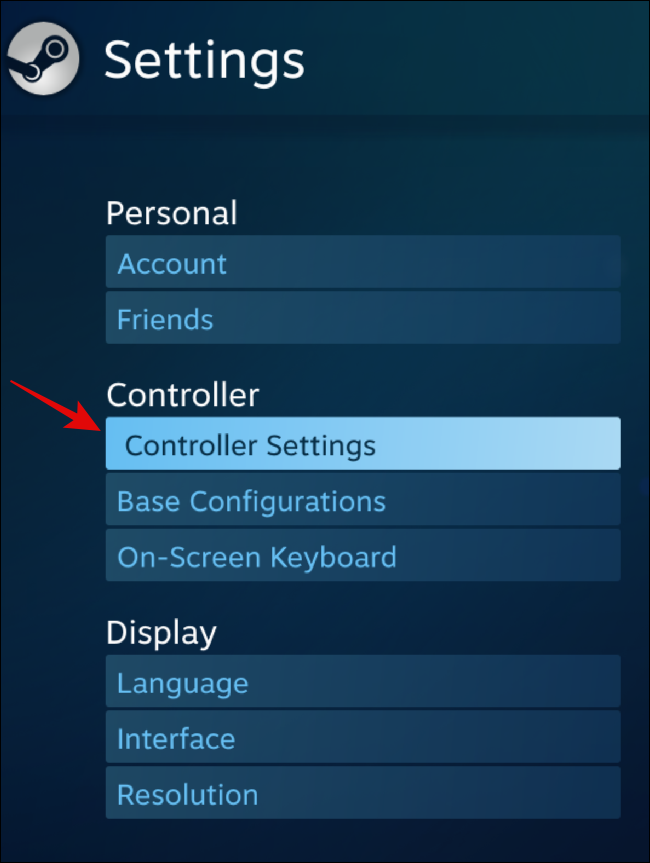 Configuración del controlador bajo el encabezado del controlador en Steam