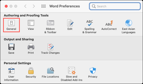Haga clic en General en las preferencias de Word