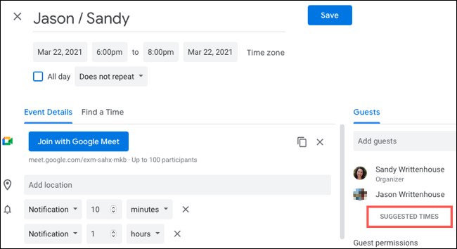 Haga clic en Horarios sugeridos en la página de detalles del evento.