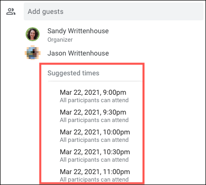 Haga clic en Horas sugeridas para obtener una lista de las horas disponibles.