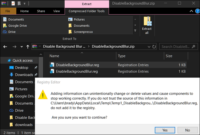 Después de extraer y hacer clic en el truco del registro, siga las instrucciones para desactivar automáticamente el desenfoque de fondo